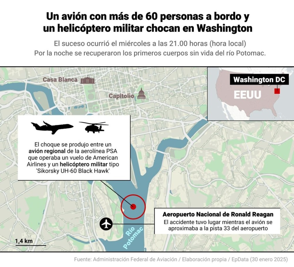 Un avión con 64 personas choca con un helicóptero en Washington